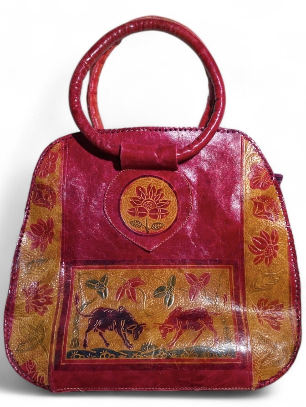 Vintage 1970s Leather Frstival Hippy Hand Tooled Bag Top Handle Red Boho India